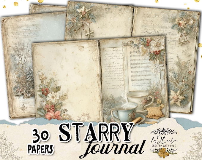 STARRY JOURNAL – Vintage Christmas Junk Journal Pages, Winter Printable Backgrounds, Soft Stars & Botanical Accents | ppK14