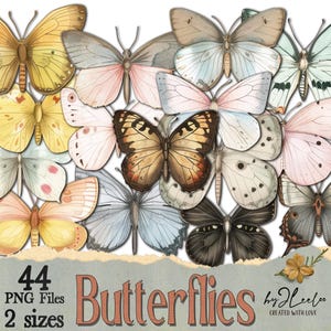 Adesivos de borboletas clipart vintage suprimentos | PNG cortes elaborados aquarela diário de lixo para impressão | Decoração digital de primavera | cl173