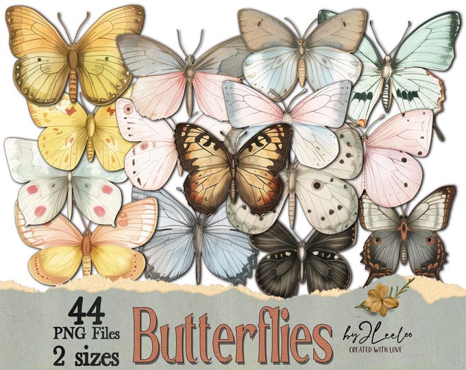 BUTTERFLIES sticker clipart vintage supplies | PNG fussy cuts watercolor printable junk journal | Springtime digital decoration | cl173