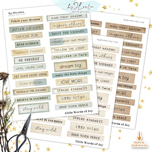 Puede incluir: Un conjunto de 20 pegatinas digitales imprimibles con citas inspiradoras. Las pegatinas son de estilo vintage con un esquema de color azul claro y marr&oacute;n. Las citas incluyen "sigue tus sue&ntilde;os", "brilla", "elige la alegr&iacute;a", "mantente curioso", "abraza el cambio", "est&aacute; presente", "ama, r&iacute;e, vive", "deja que tu luz brille", "mantente fuerte", "abraza el momento", "cree en ti mismo", "mantente salvaje", "haz que el d&iacute;a sea incre&iacute;ble", "inspira a los dem&aacute;s", "conf&iacute;a en el viaje", "crea tu propia magia", "sigue la luz", "la felicidad est&aacute; aqu&iacute;", "sue&ntilde;a en grande", "disfruta de las peque&ntilde;as cosas", "ama m&aacute;s", "difunde la amabilidad", "sigue adelante", "encuentra tu paz", "peque&ntilde;as palabras de alegr&iacute;a".