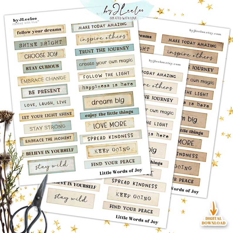 Puede incluir: Un conjunto de 20 pegatinas digitales imprimibles con citas inspiradoras. Las pegatinas son de estilo vintage con un esquema de color azul claro y marr&oacute;n. Las citas incluyen "sigue tus sue&ntilde;os", "brilla", "elige la alegr&iacute;a", "mantente curioso", "abraza el cambio", "est&aacute; presente", "ama, r&iacute;e, vive", "deja que tu luz brille", "mantente fuerte", "abraza el momento", "cree en ti mismo", "mantente salvaje", "haz que el d&iacute;a sea incre&iacute;ble", "inspira a los dem&aacute;s", "conf&iacute;a en el viaje", "crea tu propia magia", "sigue la luz", "la felicidad est&aacute; aqu&iacute;", "sue&ntilde;a en grande", "disfruta de las peque&ntilde;as cosas", "ama m&aacute;s", "difunde la amabilidad", "sigue adelante", "encuentra tu paz", "peque&ntilde;as palabras de alegr&iacute;a".