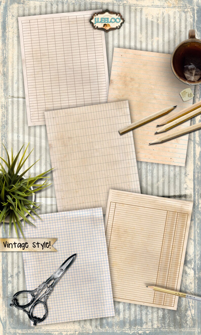 May include: Four vintage style paper sheets with different grid patterns. The sheets are beige with brown lines and are arranged in a collage. The sheets are on a striped background with a plant and a cup of tea in the corner.