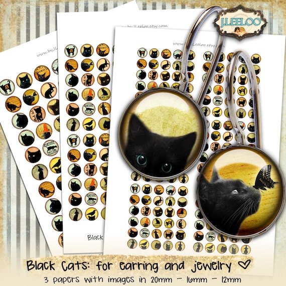 BLACK CATS 10mm 12mm 16mm 20mm circle for bracelets earring ring instant download printable bezel trays craft Digital collage sheet tn499