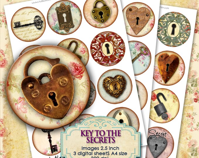 Digital collage sheet KEY To The SECRET 2.5 inch circle padlock diary romantic for pendant clipart magnet instant download printable tn203