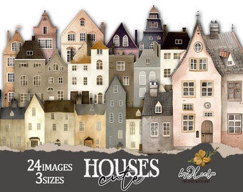 CUTE HOUSES PNG Clipart paper craft supplies | digital junk journal elements vintage | quirky mixed media printable | commercial use | cl168