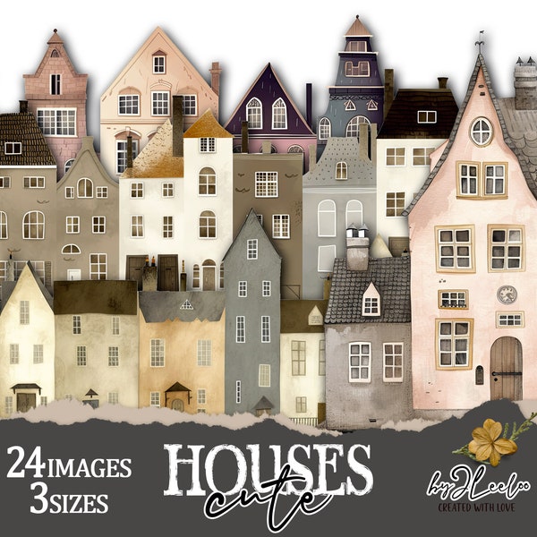 CUTE HOUSES PNG Clipart paper craft supplies | digital junk journal elements vintage | quirky mixed media printable | commercial use | cl168