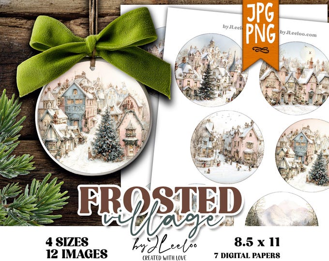 FROSTED VILLAGE pastel pink Christmas cottages printable • ornaments for junk journals scrapbook card making planners holiday crafts | tn853