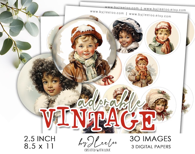 ADORABLE VINTAGE 2.5 inch printable christmas holidays | supplies round pendant, bezel tray, glass cabochon mounting, cameo settings | tn695