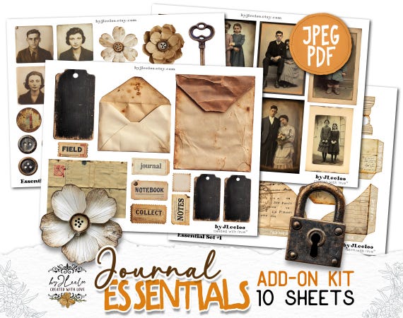 JOURNAL ESSENTIAL Add-On Kit Junk Journal Pages printable | Digiscrap Vintage Scrapbook | Rustic Grunge Fussy cut | Commercial Use | pp934