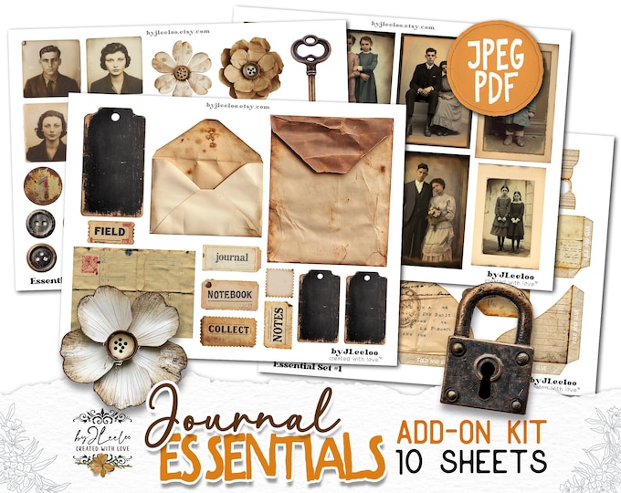 JOURNAL ESSENTIAL Add-On Kit Junk Journal Pages printable | Digiscrap Vintage Scrapbook | Rustic Grunge Fussy cut | Commercial Use | pp934