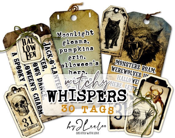 WITCHY WHISPERS TAGS Halloween supplies | Printable grungy spooky ephemera junk journal | scrapbooking images digital collage | tl263