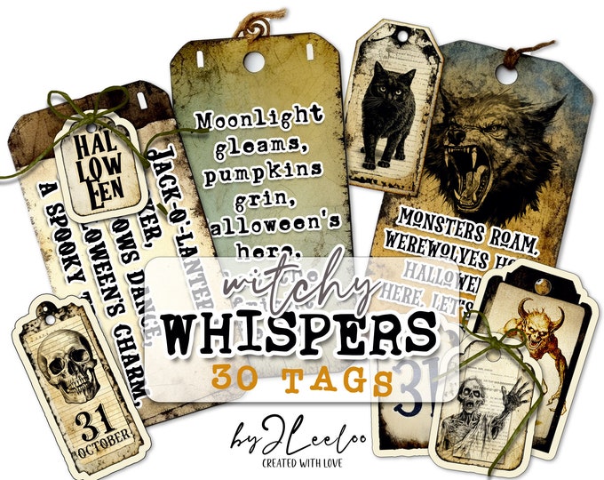 WITCHY WHISPERS TAGS Halloween supplies | Printable grungy spooky ephemera junk journal | scrapbooking images digital collage | tl263