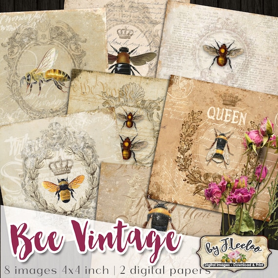 BEE VINTAGE 4x4 inch digital paper large hang tag french labels scrapbooking coaster magnet instant download printable image qu537
