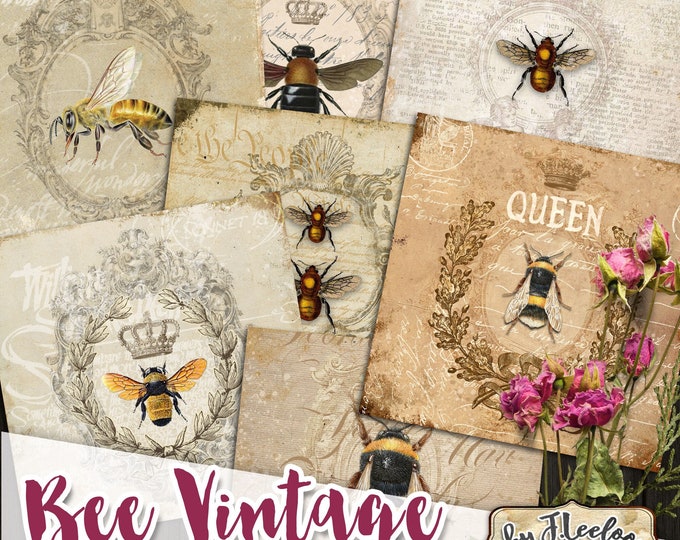 BEE VINTAGE 4x4 inch digital paper large hang tag french labels scrapbooking coaster magnet instant download printable image qu537