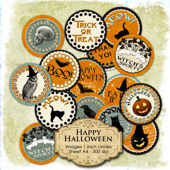 HAPPY HALLOWEEN 1 inch circle Digital Download printable images for glass or resin pendants magnets bottle caps bezel trays cabochon tn134