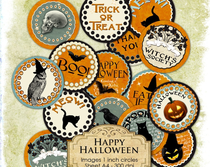 HAPPY HALLOWEEN 1 inch circle Digital Download printable images for glass or resin pendants magnets bottle caps bezel trays cabochon tn134