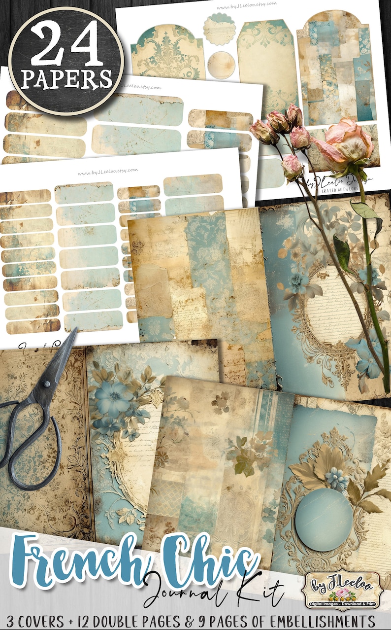FRENCH CHIC Junk Journal KIT Shabby Chic | Light Blue Pages Digital ...