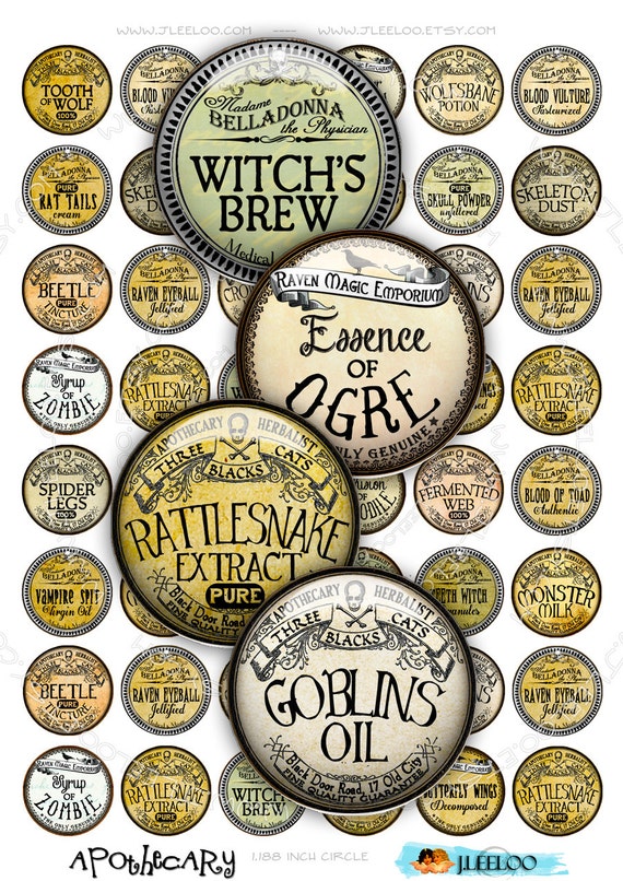 Digital paper APOTHECARY 1.188 inch circle goth hang tag label arsenic magnet stickers glass pendant instant download printable tn452