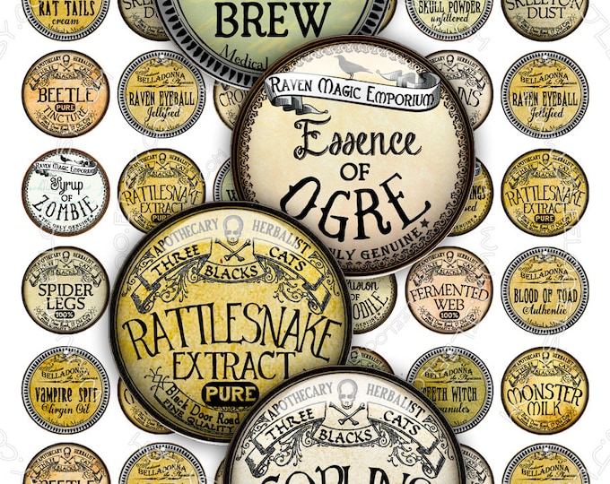 Digital paper APOTHECARY 1.188 inch circle goth hang tag label arsenic magnet stickers glass pendant instant download printable tn452