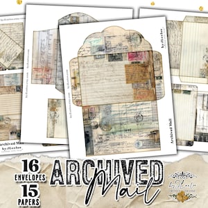 Puede incluir: Una colección de 16 sobres y 15 papeles de estilo vintage, con texturas de papel envejecido, sellos y escritura manuscrita. Se muestra el texto "Archived Mail", junto con "16 Sobres 15 Papeles".