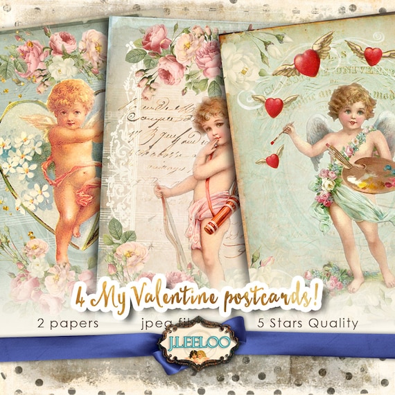 MY VALENTINE vintage postcard Digital collage sheet printable Cupid love romantic scrapbook diary journal art- instant download pp415
