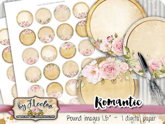 ROMANTIC 1.5 inch circle editable shabby chic writable images pendant magnet roses printable topper instant download tn594