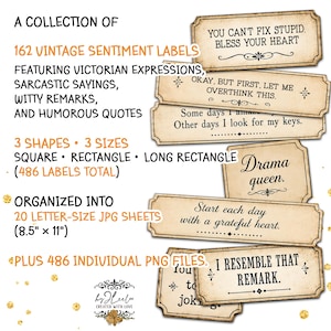 May include: A collection of 162 vintage sentiment labels featuring Victorian expressions, sarcastic sayings, witty remarks, and humorous quotes. The labels come in square, rectangle, and long rectangle shapes, organized into 20 letter-size 8.5" x 11" JPG sheets.