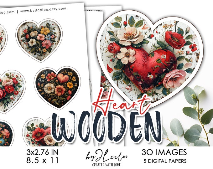 WOODEN HEART 3x2.76 in printable | Valentine supplies journal Fussy Cut sticker for wedding lovers decoration | DiY embellishment | tn762