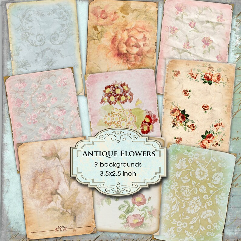ANTIQUE FLOWERS Digital collage sheet printable atc aceo size instant download background vintage ac110 image 1
