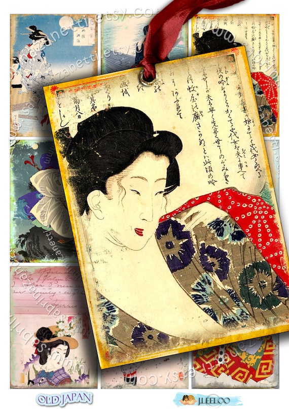 OLD JAPAN atc aceo size chic background Digital collage sheet hang tags paper craft orient postcard jewelry cards holder graphic ac189