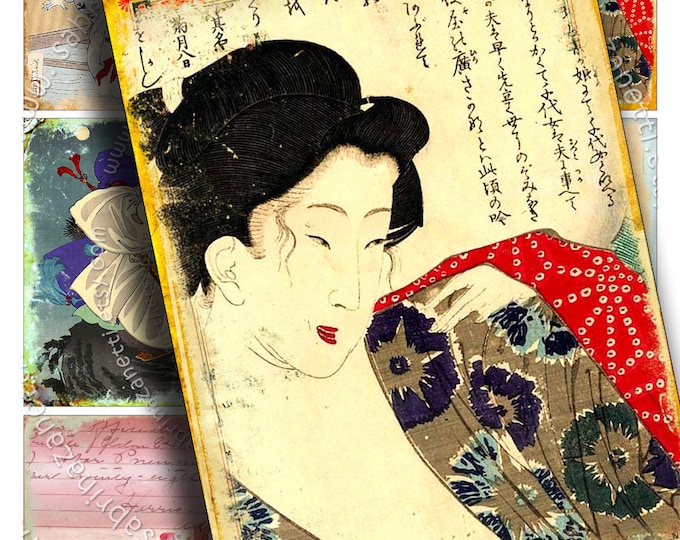 OLD JAPAN atc aceo size chic background Digital collage sheet hang tags paper craft orient postcard jewelry cards holder graphic ac189