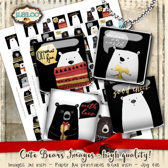 CUTE BEARS  hand-drawn clipart square 1 inch holidays christmas pendant magnet craft hand painting download printable paper qu493