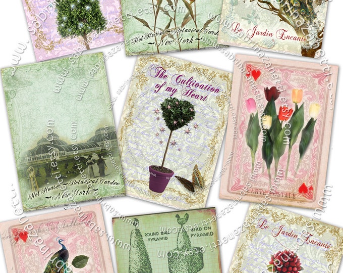 GARDEN ART atc aceo size  printable Digital collage sheet peacock flower pink green instant download backround collage ac146