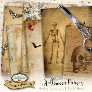 Peut inclure: Dix papiers numériques sur le thème d'Halloween, chacun mesurant 8,5 x 11 pouces (21,6 x 27,9 cm). Les papiers présentent des motifs vintage avec des crânes, des squelettes, des chauves-souris et des papillons. La palette de couleurs comprend des tons beige, marron et crème.