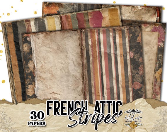 FRENCH ATTIC STRIPES – Vintage Striped Junk Journal Papers, Half Pages, Collage Backgrounds, Distressed Printable Ephemera | ppK42