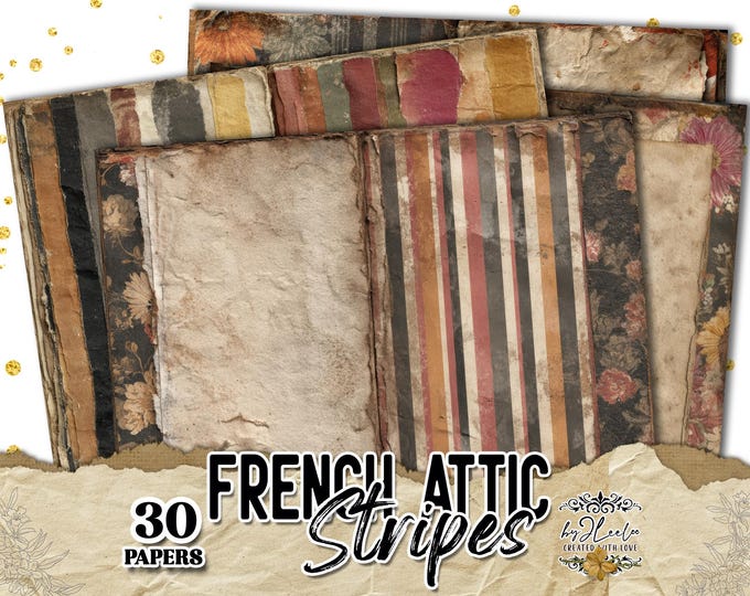 FRENCH ATTIC STRIPES – Vintage Striped Junk Journal Papers, Half Pages, Collage Backgrounds, Distressed Printable Ephemera | ppK42