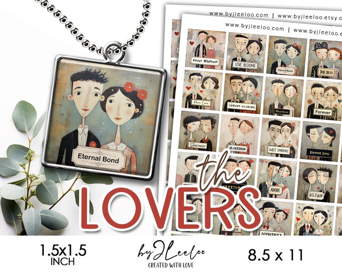 THE LOVERS 1.5x1.5 inch printable illustration | gift for friend, Valentine Craft card, supplies, square pendants, magnet, labels  | qu593