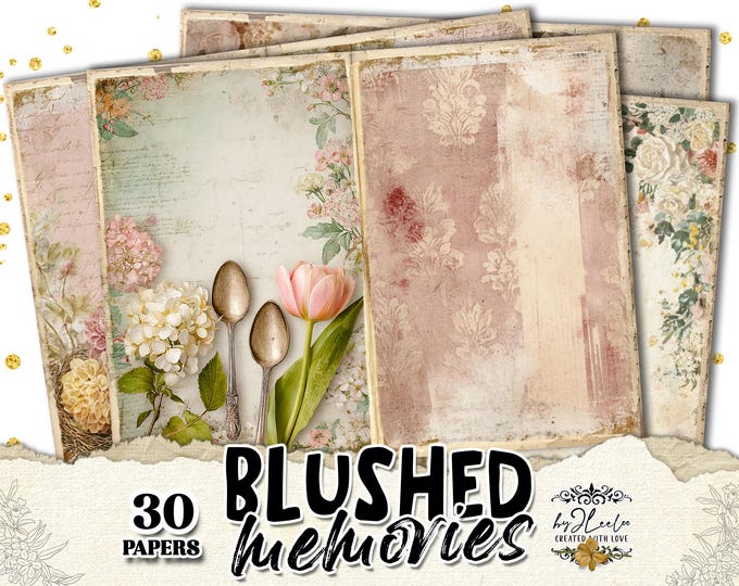 BLUSHED MEMORIES – Vintage Shabby Chic Junk Journal Pages, Pink Pastel Ephemera Papers, Floral & Collage Journal Backgrounds | ppK50