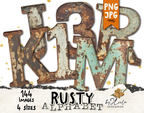 RUSTY ALPHABET 144 Png | Metal Rustic Industrial Jpg Png 4 sizes | junk journal scrapbook mixed media collage | Home Decor Printable | cl193