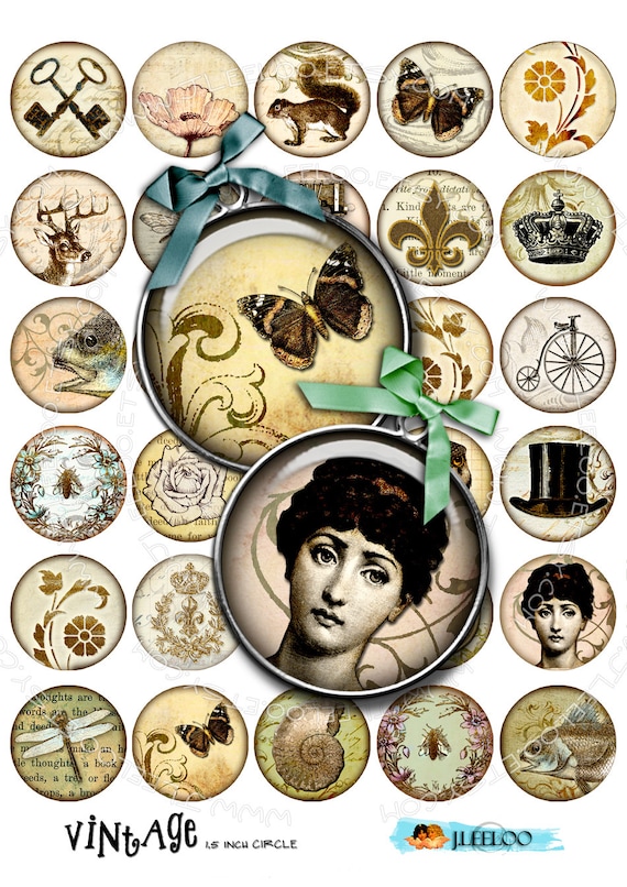 Digital printable sheet VINTAGE images 1.5 inch circle sheets for pendants charms bottlecup pins craft instant download tn272