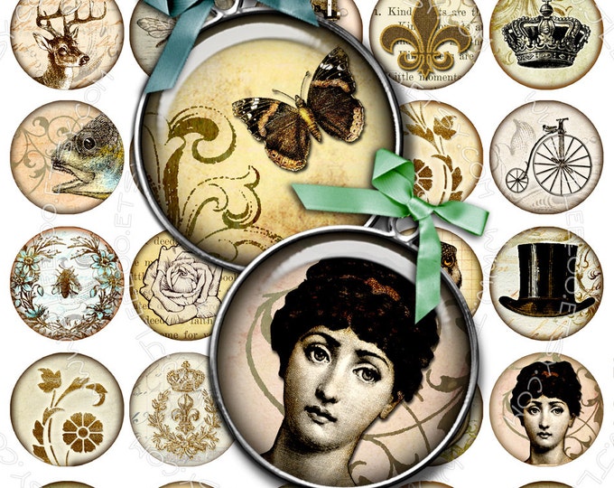 Digital printable sheet VINTAGE images 1.5 inch circle sheets for pendants charms bottlecup pins craft instant download tn272