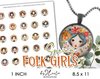 SPRING FOLK 1 inch print naive illustrations | digital supplies round pendants bezel trays glass cabochon mountings cameo settings | tn716