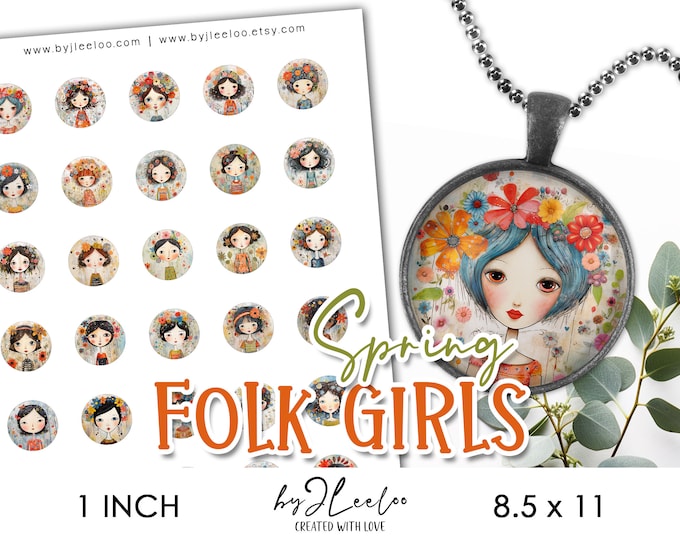 SPRING FOLK 1 inch print naive illustrations | digital supplies round pendants bezel trays glass cabochon mountings cameo settings | tn716
