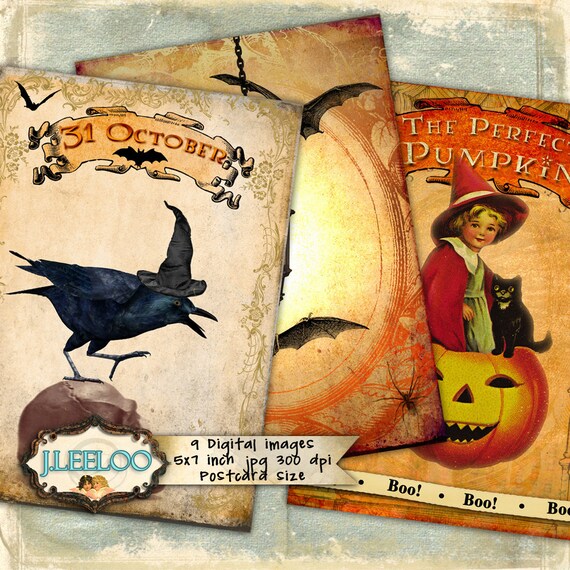 HALLOWEEN PARTY printable Digital collage sheet Postcards halloween label tags card party invitation instant download vintage pp299
