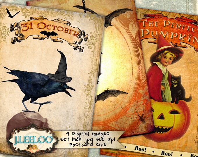 HALLOWEEN PARTY printable Digital collage sheet Postcards halloween label tags card party invitation instant download vintage pp299