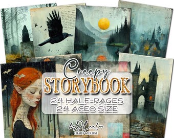 May include: A digital scrapbook kit with 24 half-page images featuring a creepy, gothic theme. The images include a girl with red hair, a crow, a castle, and a forest. The text "Creepy Storybook" is featured in gold lettering.