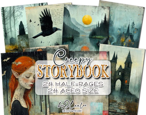 CREEPY STORYBOOK half pages Dark Gothic printable | Eerie horror halloween Aceo Atc junk journal | Vintage paper collage digital card |pp825