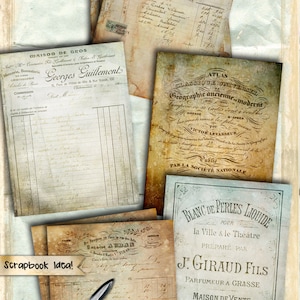May include: A collection of 10 vintage French digital papers, each measuring 8.5 inches by 11 inches. The papers feature a variety of designs, including handwritten text, floral patterns, and geometric shapes. The papers are perfect for scrapbooking, card making, and other crafting projects.