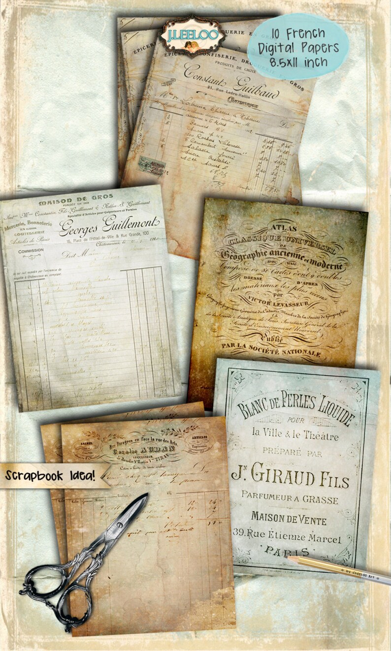 May include: A collection of 10 vintage French digital papers, each measuring 8.5 inches by 11 inches. The papers feature a variety of designs, including handwritten text, floral patterns, and geometric shapes. The papers are perfect for scrapbooking, card making, and other crafting projects.
