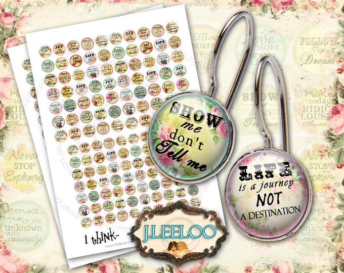 Digital collage sheet I THINK 16mm 14mm circle images earring size for ring romantic quote digital jewelry instant download tn304